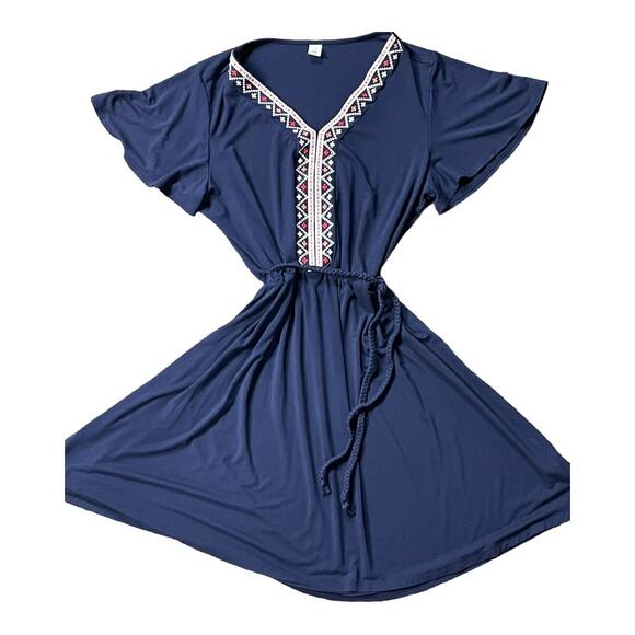 Navy Blue Short Sleeve Dress with Embroidered V-Neckline Old Navy Size Medium - Picture 3 of 9